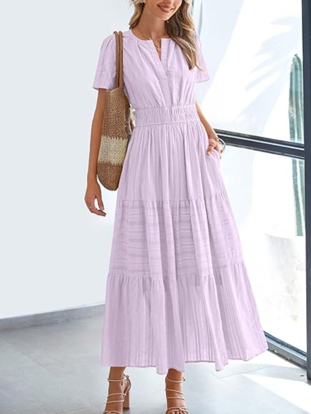 Women Pink Purple 100%Cotton V Neck Elastic Waist Boho Beach Casual MIDI Dresses